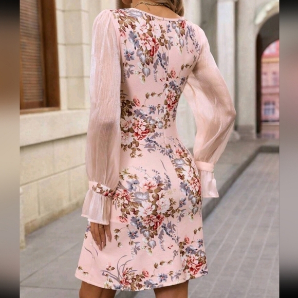 Elegant Floral Print Crew Neck Long Sleeve Bodycon Mini Dress For Wo - Picture 2 of 4